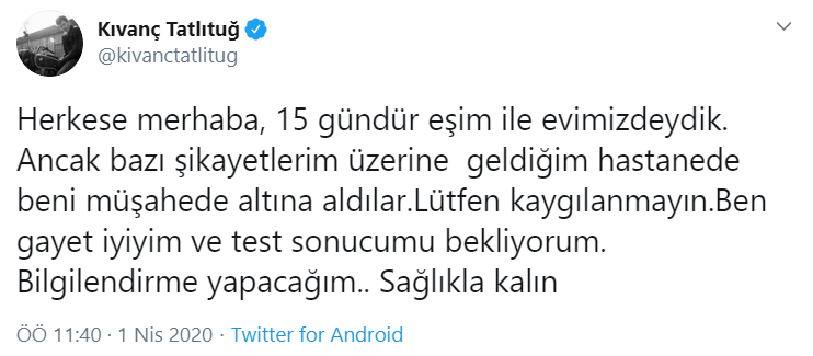 Koronavirüs şüphesiyle hastaneye kaldırılan Kıvanç Tatlıtuğ’dan ilk açıklama - Resim : 1