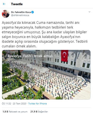 Fahrettin Koca'dan Ayasofya'ya gideceklere uyarı - Resim : 1