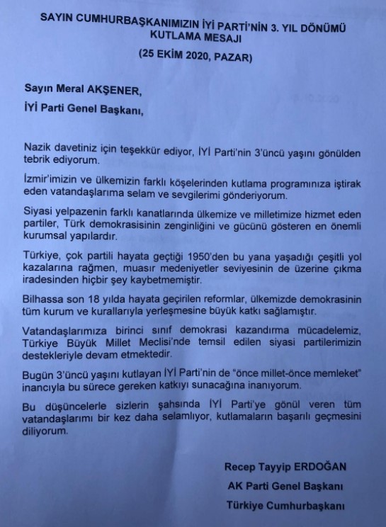 İşte Erdoğan'ın Akşener'e yazdığı mektup - Resim : 1