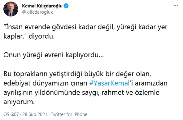 Kılıçdaroğlu'ndan Yaşar Kemal paylaşımı - Resim : 1