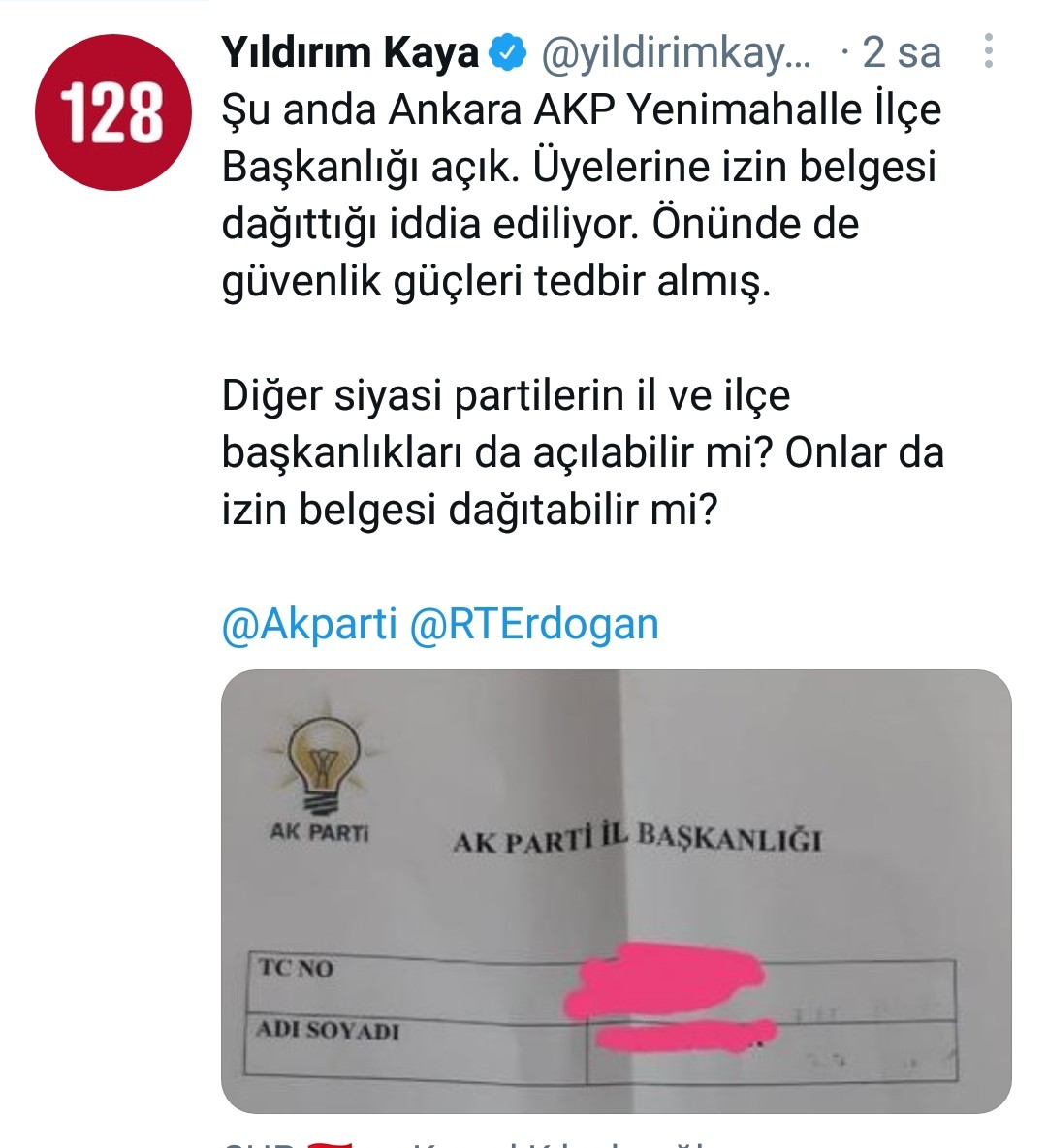 'Yenimahalle'nin AKP'li İlçe Başkanlığı üyelerine izin belgesi dağıtıyor' iddiası - Resim : 2