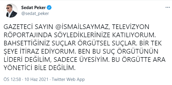 Sedat Peker'den itiraz... 'Ben bu suç örgütünün lideri değil sadece...' - Resim : 1