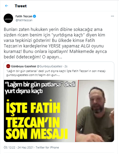 Sedat Peker ile görüşmesini yayınlayan Fatih Tezcan'dan yurt dışına kaçtığı iddialarına yanıt - Resim : 1