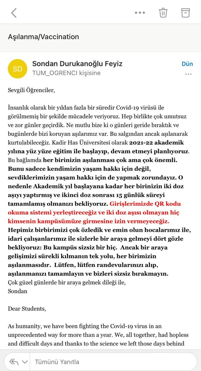 mailler ortaya cikti asi olmayan ogrenciler kadir has universitesi kampusune giremeyecek gercek gundem